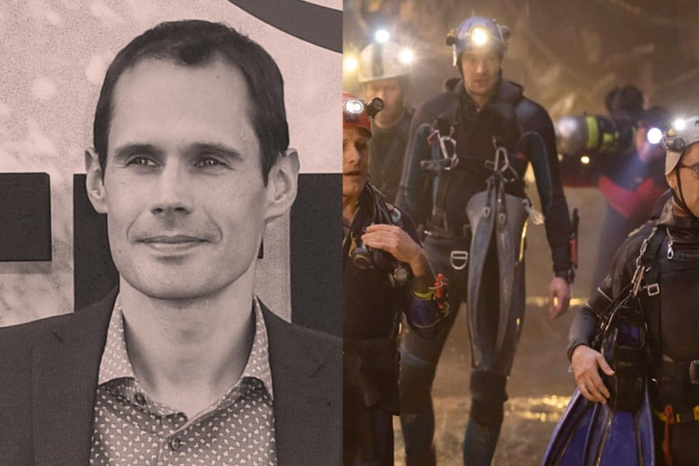 The image on the right is an action shot, with full gear and the massive flippers clipped to his suit. On the left, the real Jewell seems to on the movie's red carpet.
