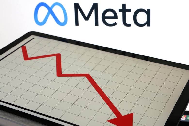 Meta logo is displayed on a computer screen with a plunging stock arrow. 