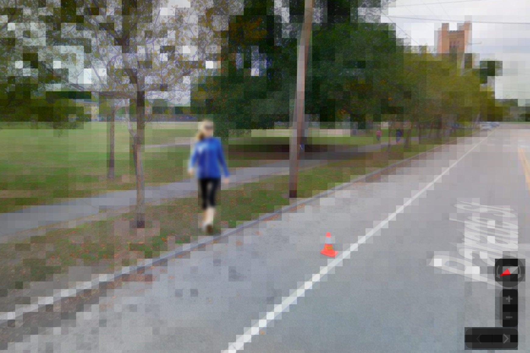 A pixelated screenshot of a Google Street View capture, of a street and sidewalk with a person walking next to some trees