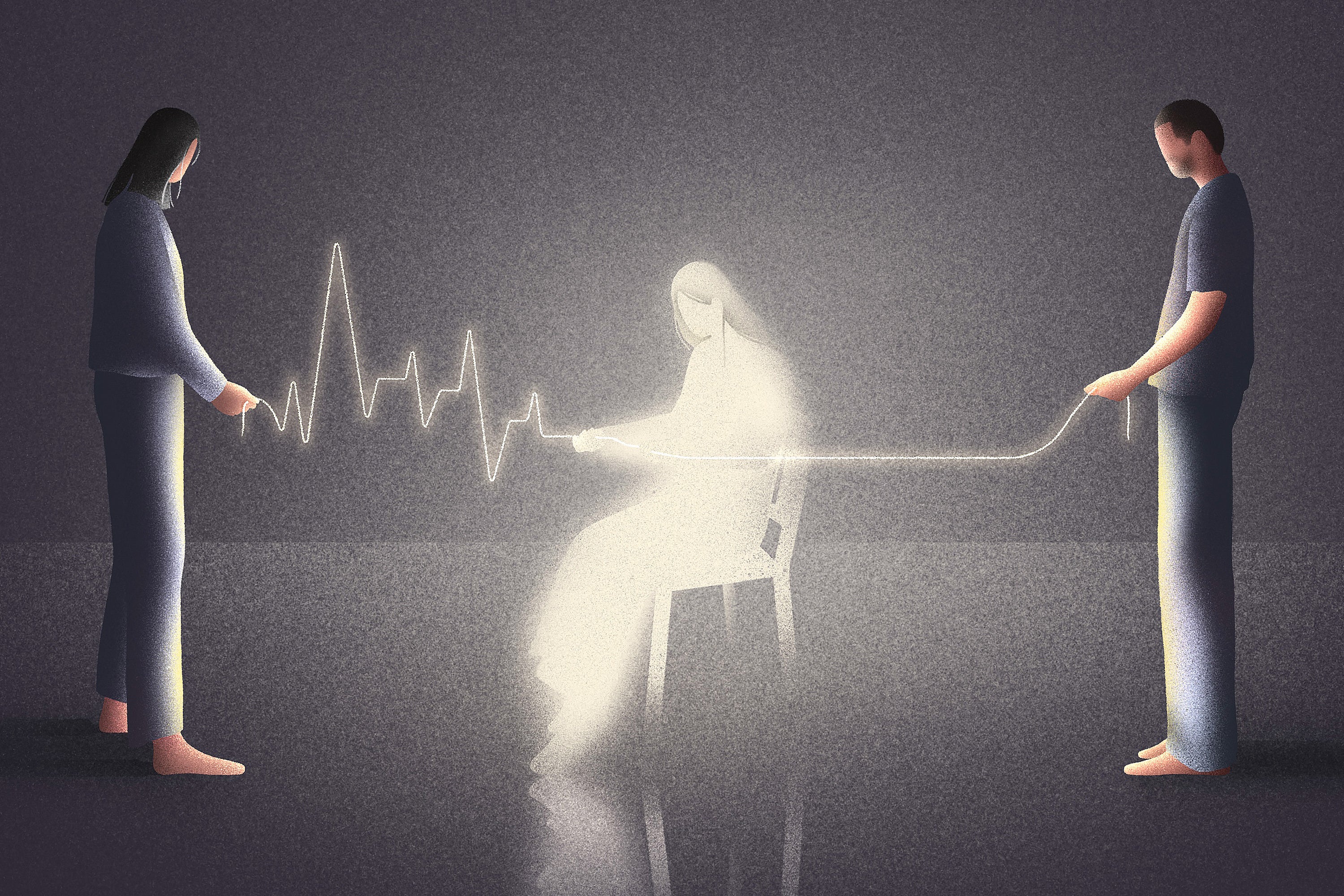 An illustration of an ethereal, ghostly woman seated in a chair between two people. The two people hold either end of an EKG chart that runs through the seated woman. One side of the chart is spiky, representing a heartbeat, and the other side is flat, representing death.