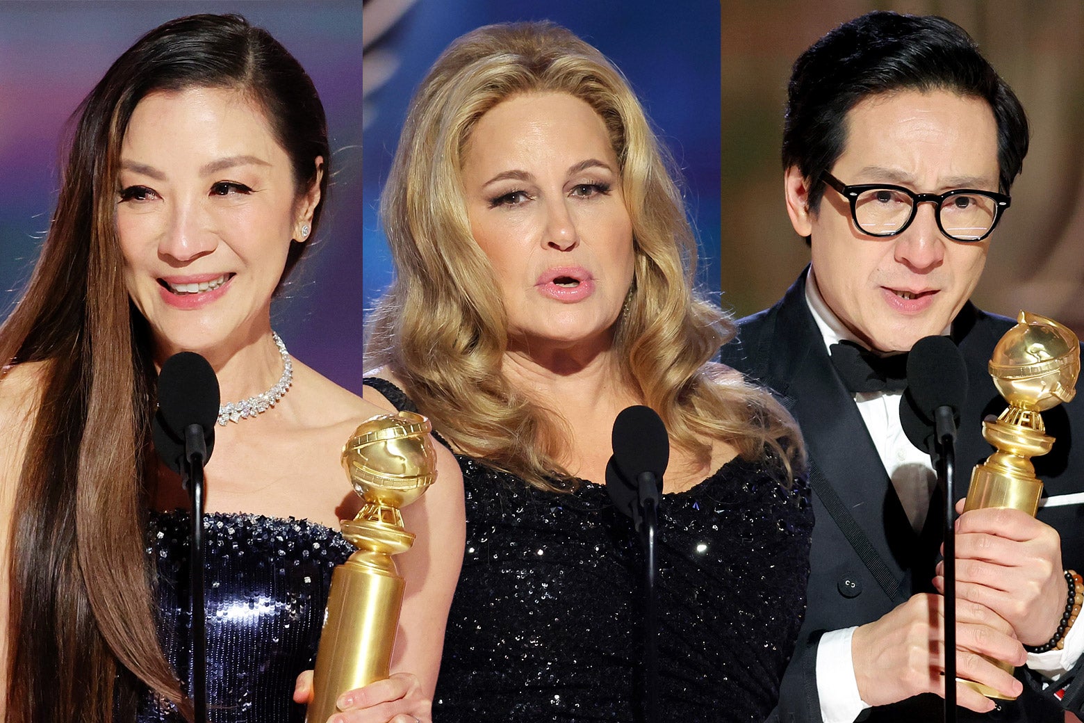 Three stars holding Golden Globes. 