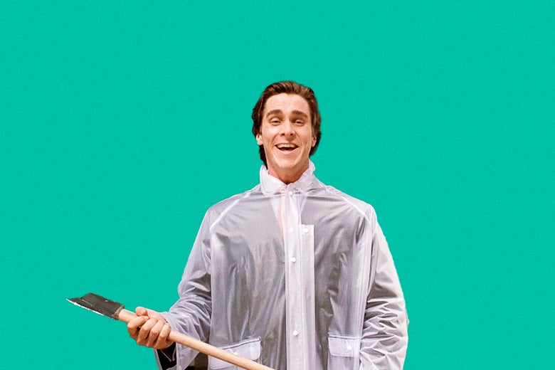 A still of Christian Bale from the movie American Pyscho. Bale is dressed in a clear raincoat, and holds an ax.  He's smiling. 