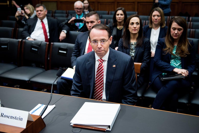 Deputy Attorney General Rod Rosenstein waits for a hearing of the House Judiciary Committee on Oversight on Wednesday in Washington.