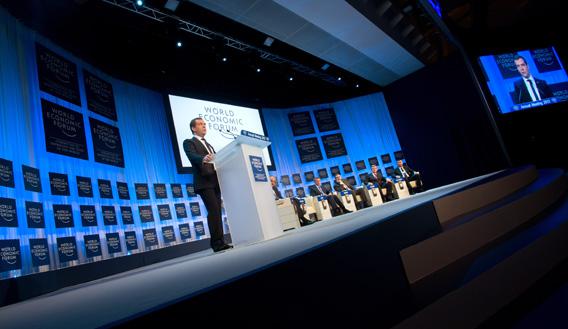 Russian Prime Minister Dmitry Medvedev addresses a session of the annual World Economic Forum (WEF) meeting in the Swiss resort of Davos on January 23, 2013.