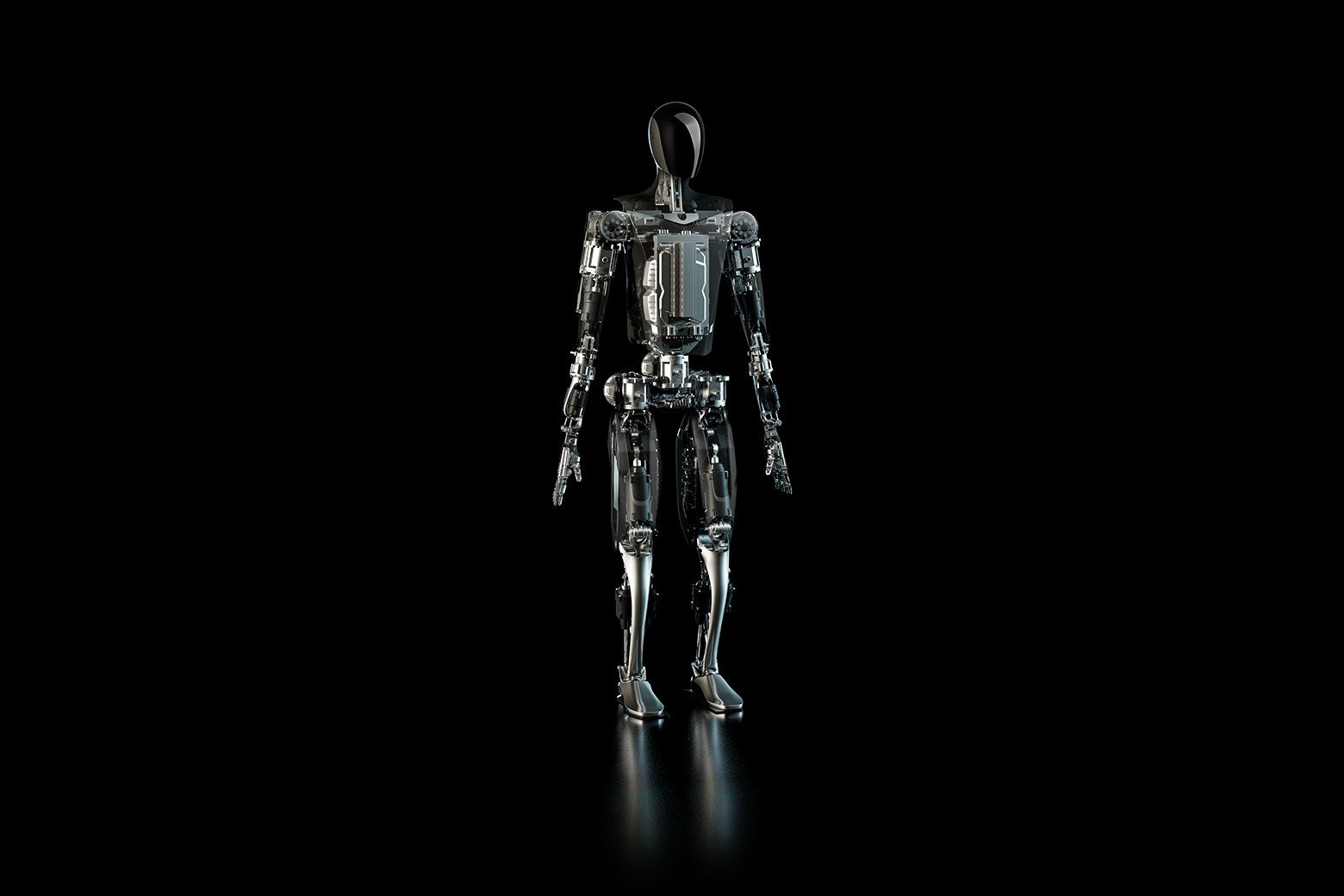 Tesla's Optimus robot against a black background. The robot is tall and muscular, with a smooth, faceless black head. The rest of its body is made up of stainless steel parts.