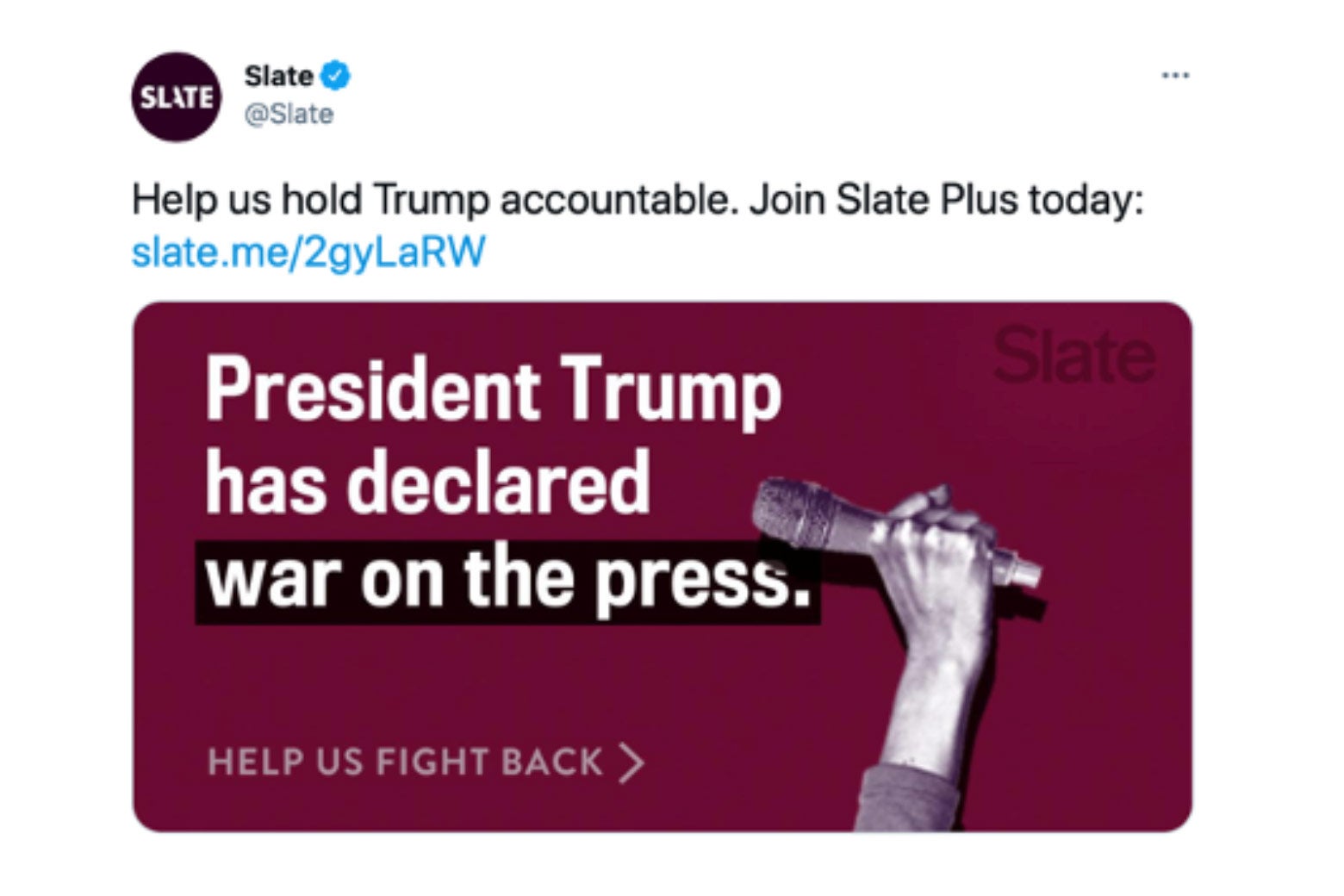 A Tweet that says, "Help us hold Trump accountable. Join Slate Plus today."