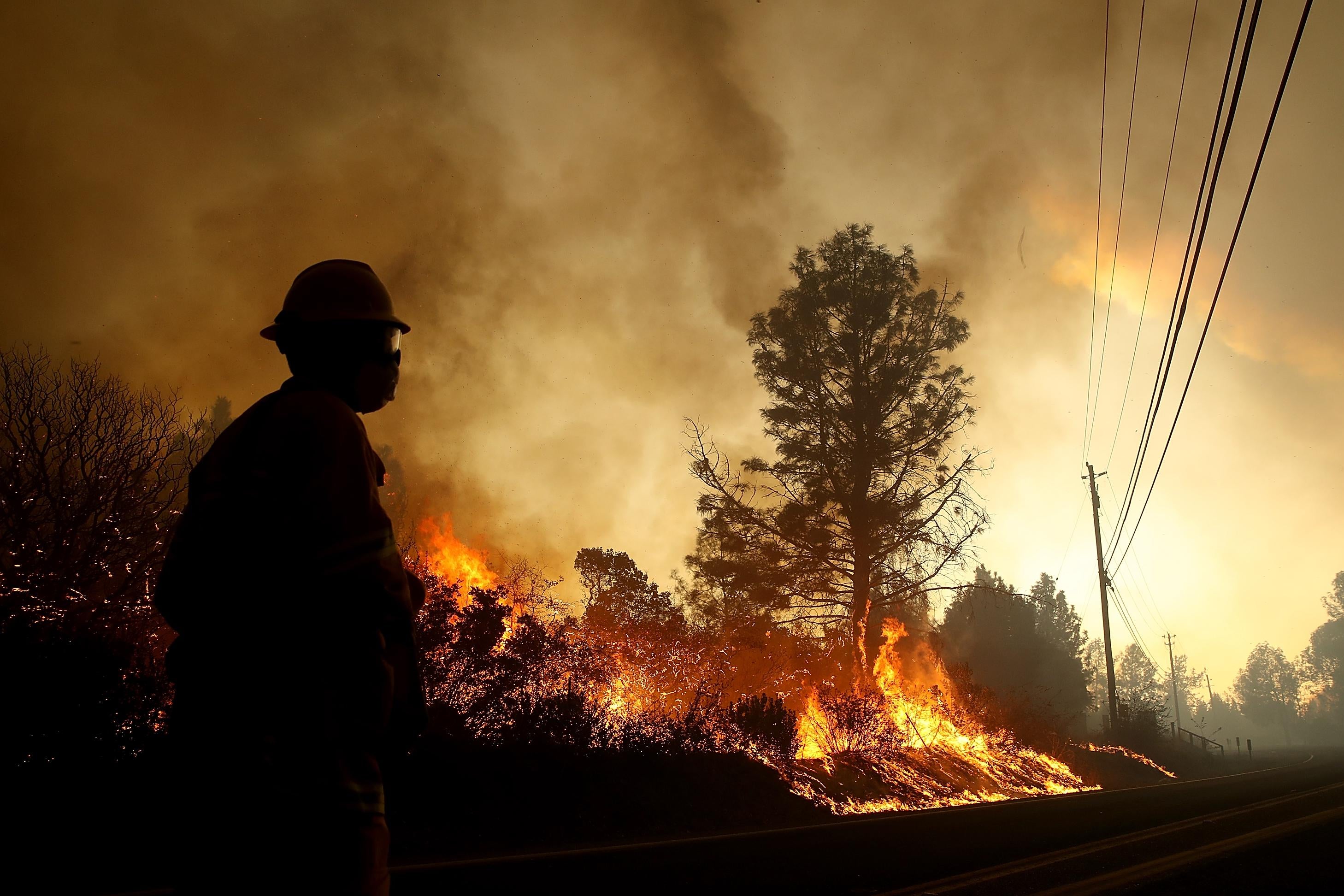 A firefighter stands on a highway as the fire burns by the roadside.
