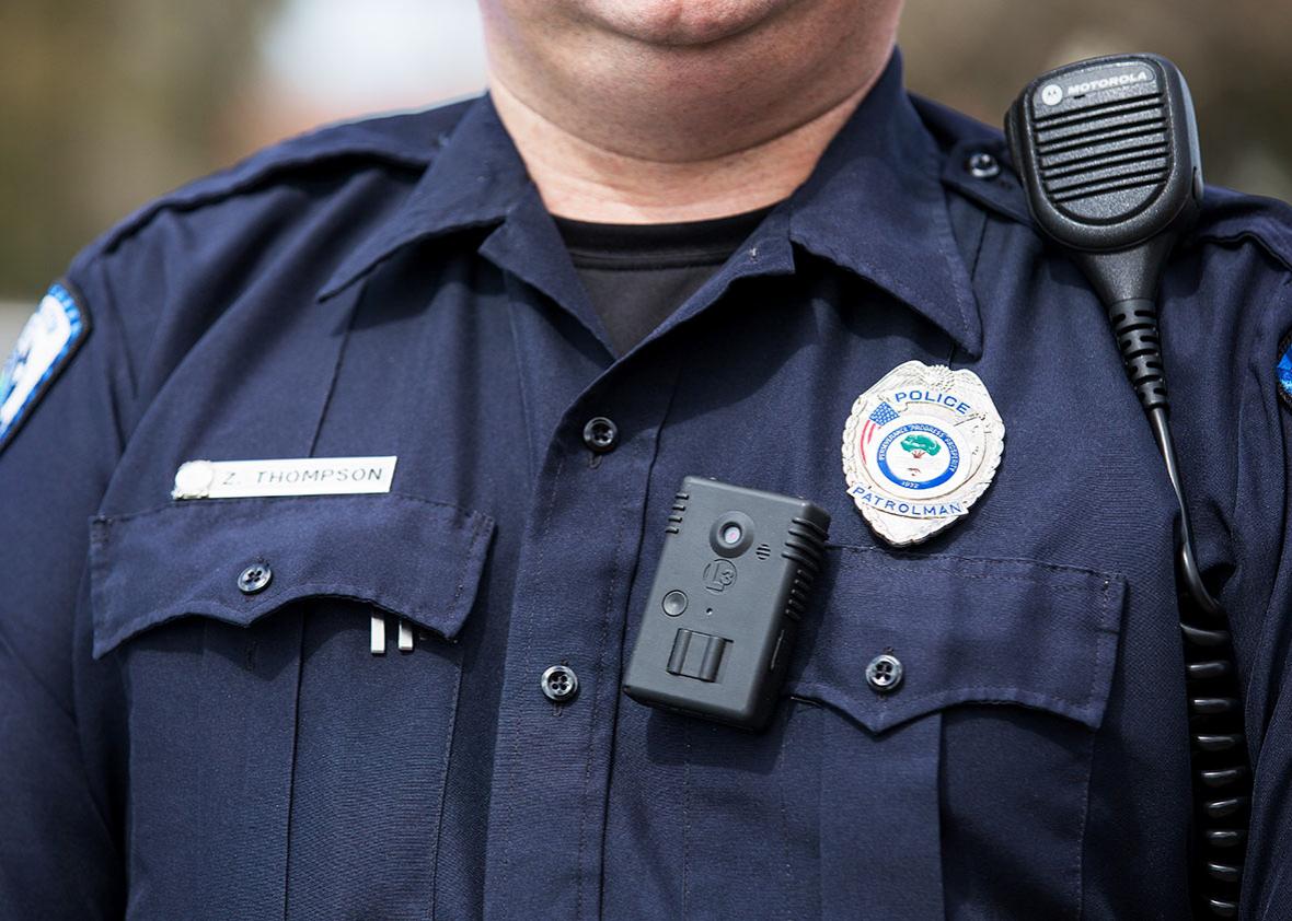 Policeman with body-worn videocamera in North Charleston, South Carolina. 