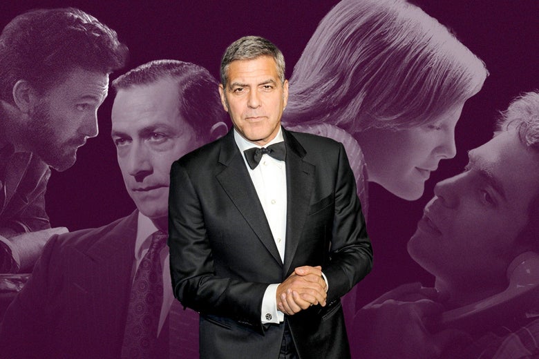 George Clooney with images from The Tender Bar, Good Night and Good Luck, and Confessions of a Dangerous Mind.