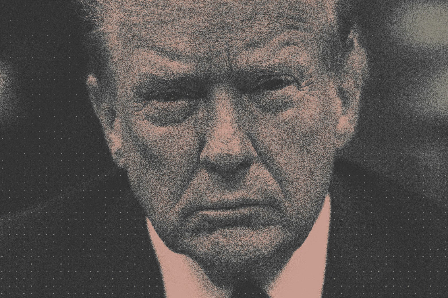 Donald Trump staring straight into the camera, a dotted black and white scrim over his head and shoulders