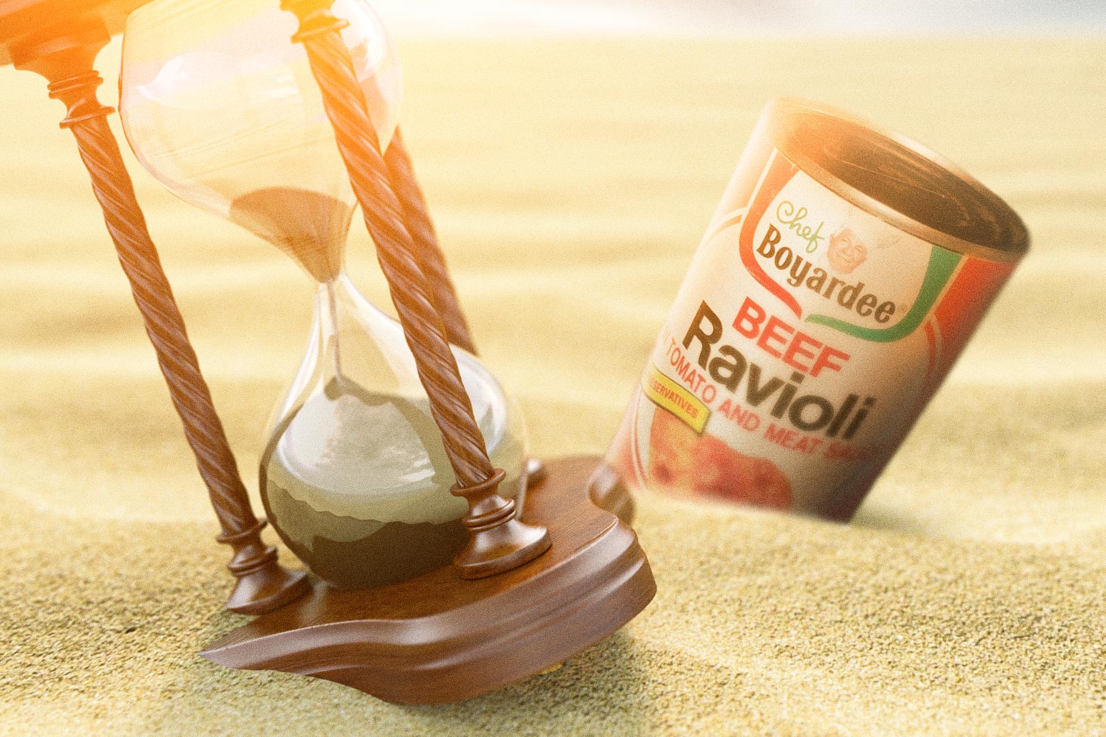 A can of Chef Boyardee ravioli languishes in the sands of time with an hourglass. 