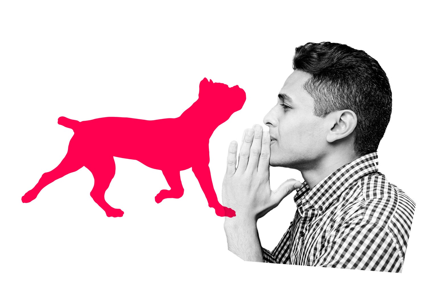 A man facing a dog with his hands to his mouth.