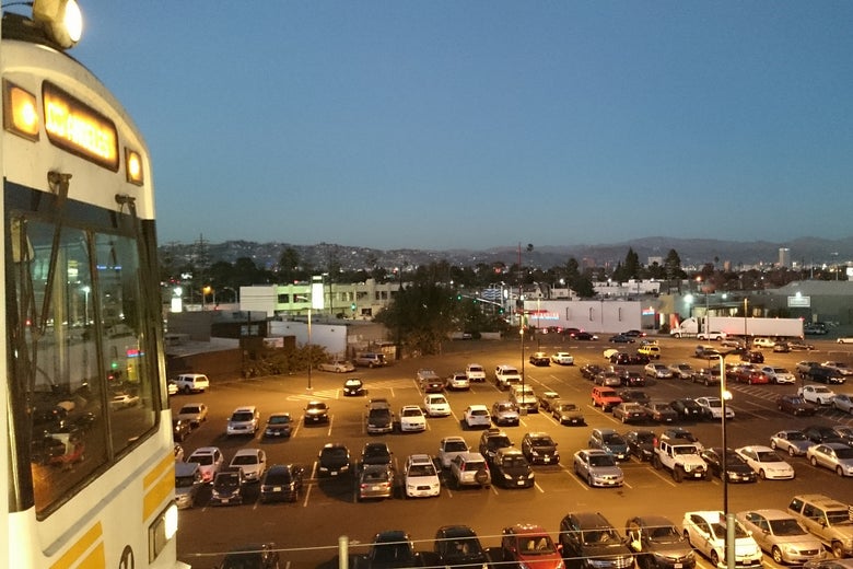 A parking lot near the Los Angeles Expo Line.