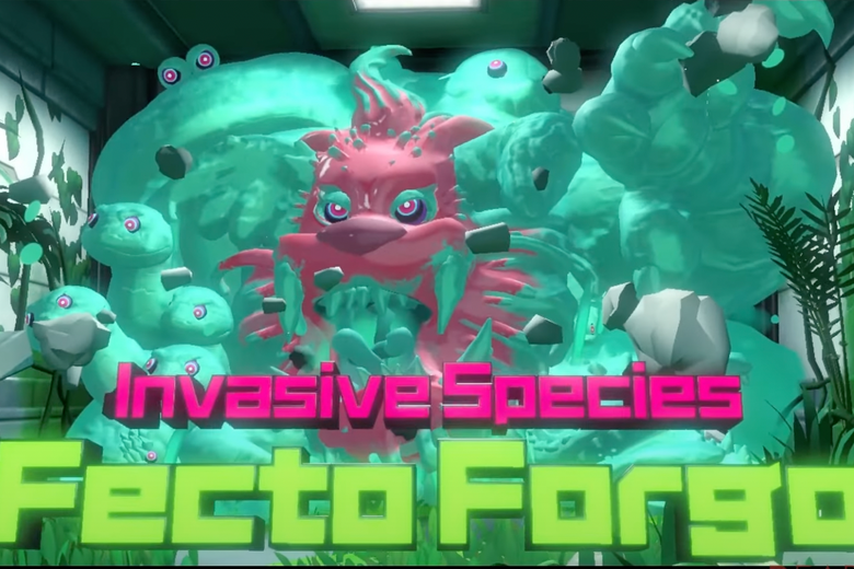 A green and pink monster bursts through a wall. Underneath is a caption reading, "INVASIVE SPECIES: FECTO FORGE."