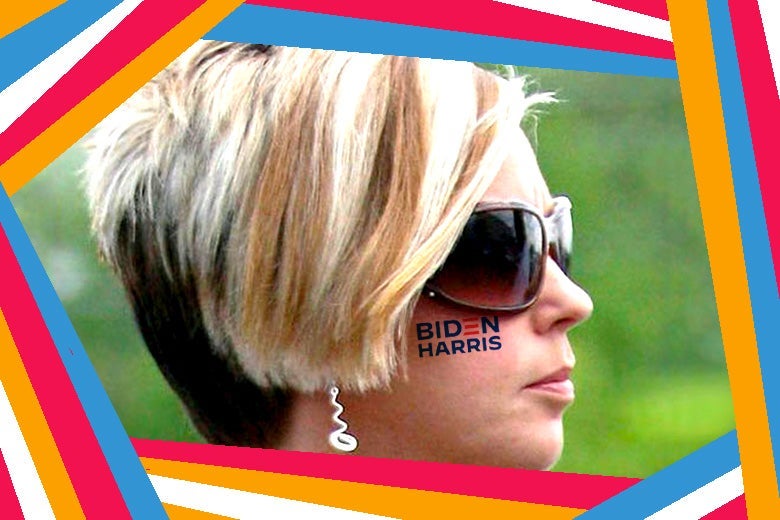 A blond woman in sunglasses with a Biden-Harris tattoo on her cheek.