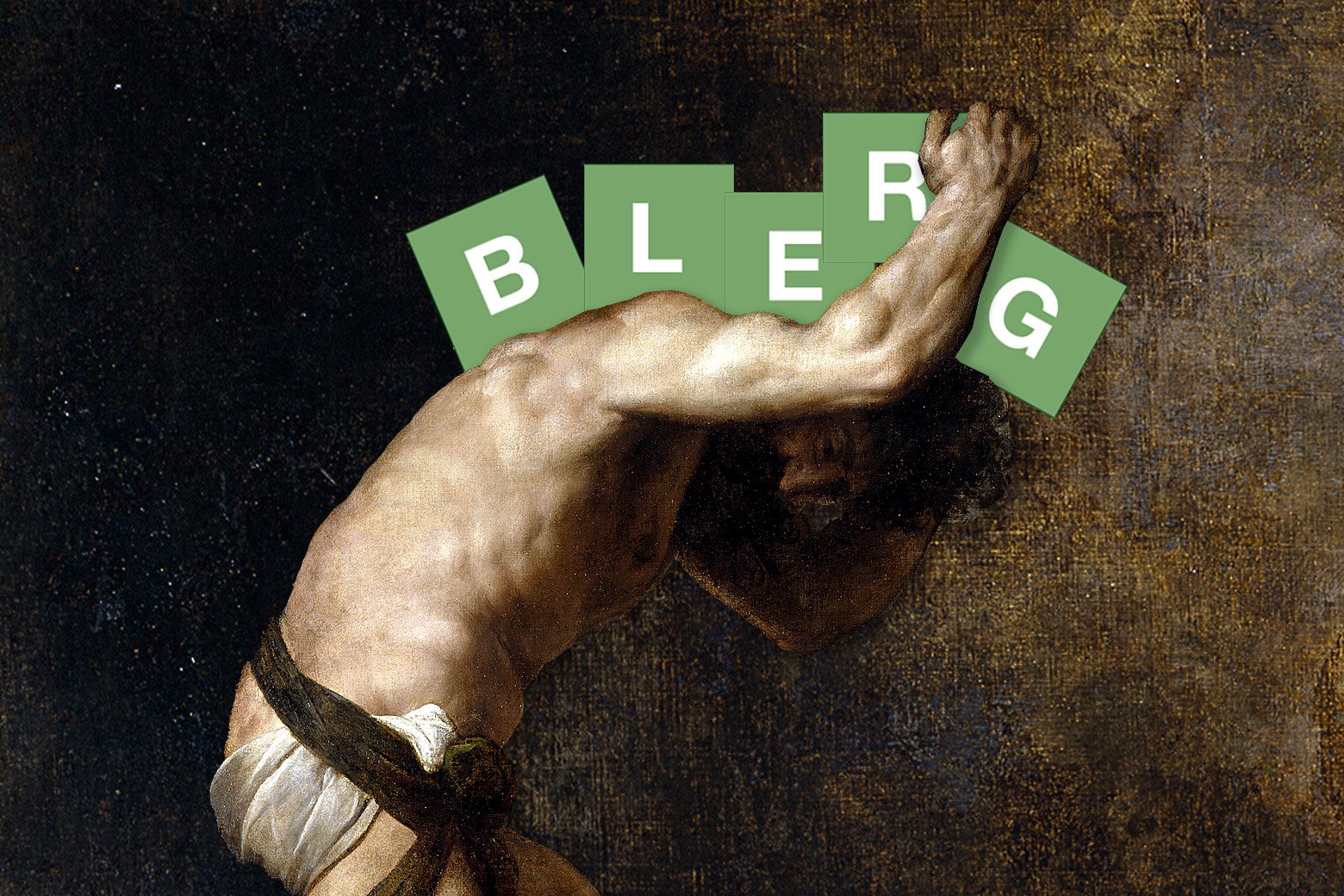 Sisyphus carrying Wordle blocks spelling out "BLERG" on his back.