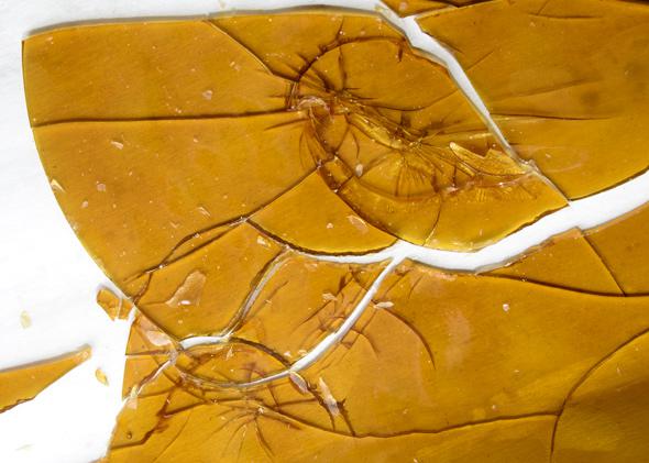 Mixed shatter slab by TC Labs, the product is broken prior to packaging to fit into the 1 gram or less packaging requirements set by the MED.