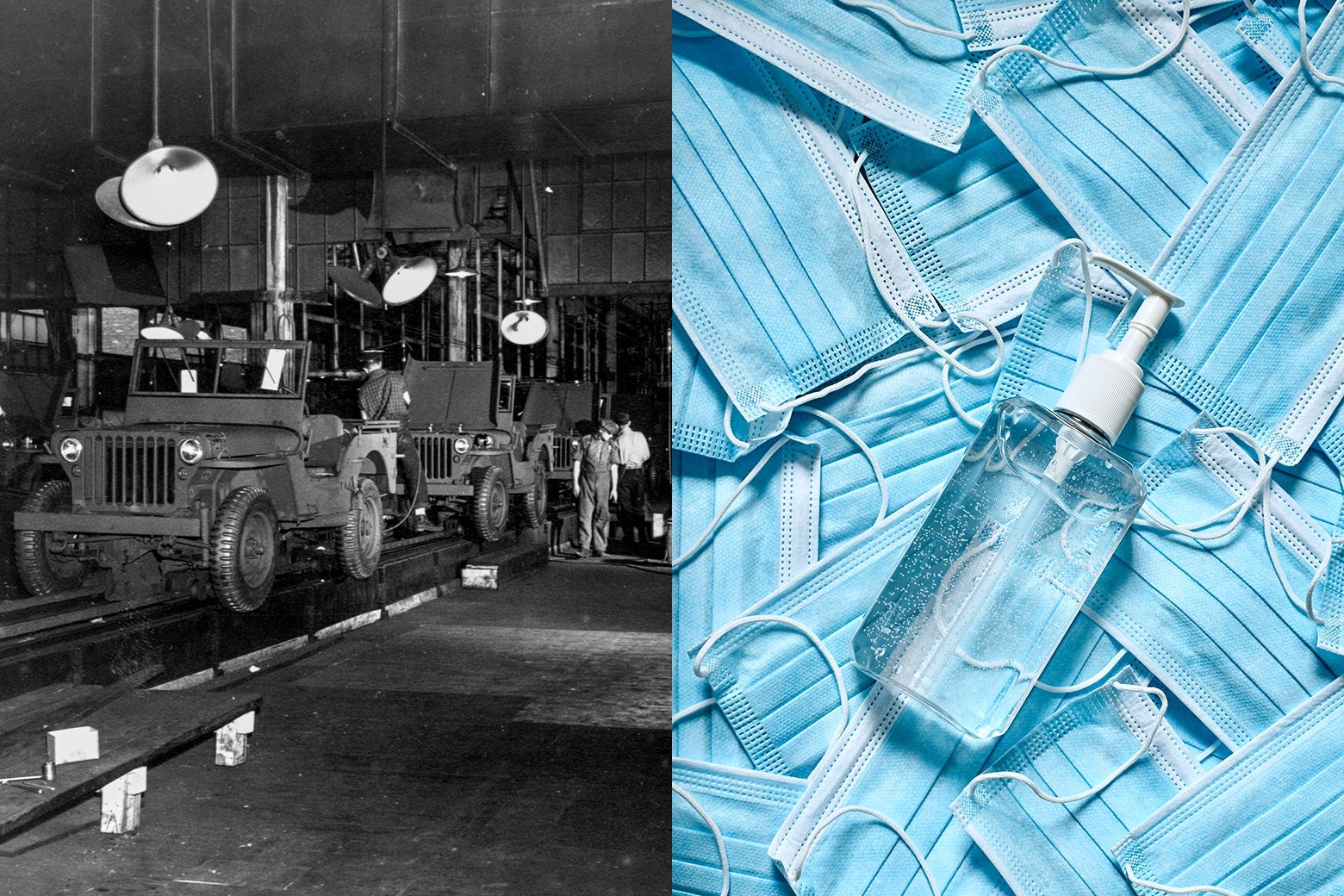 A photo of an automotive production plant seen side by side with a bottle of hand sanitizer on top of face masks.