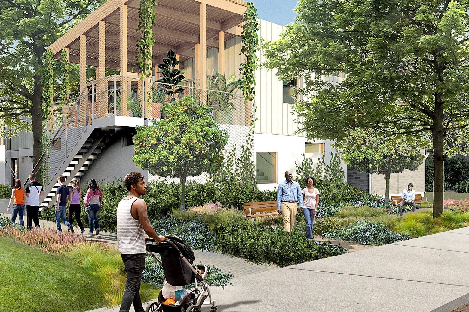 A rendering of Hidden Gardens, the winning design for placing four units on a single parcel. 