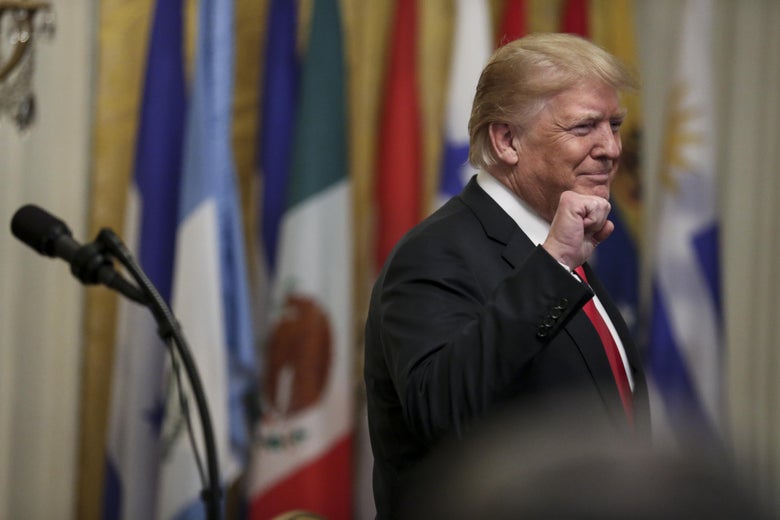 President Trump gestures in the East Room of the White House on September 17, 2018 in Washington, DC. 