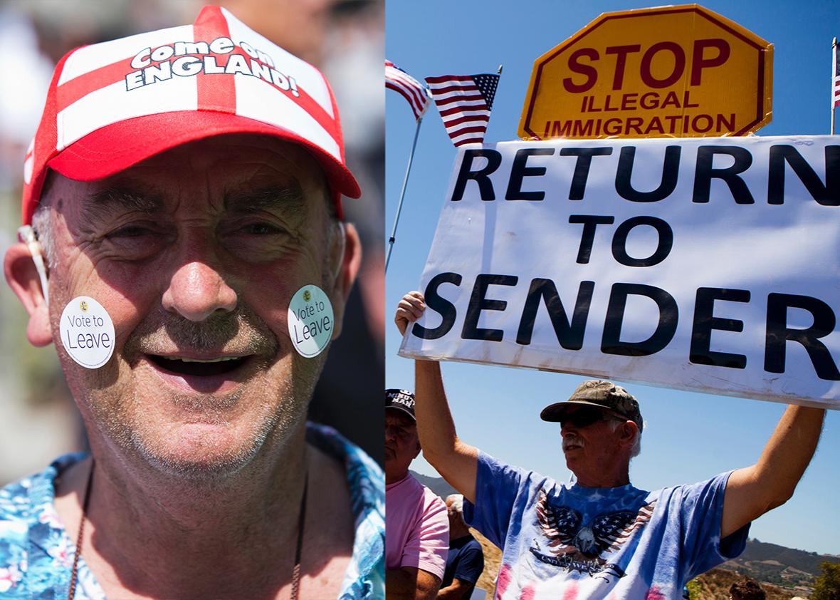 A Leave supporter poses in Clacton-on-Sea as UK Independence Party (UKIP) leader Nigel Farage visits on June 21, 2016. Demonstrators picket against the possible arrivals of undocumented migrants who may be processed at the Murrieta Border Patrol Station in Murrieta, California July 1, 2014. 