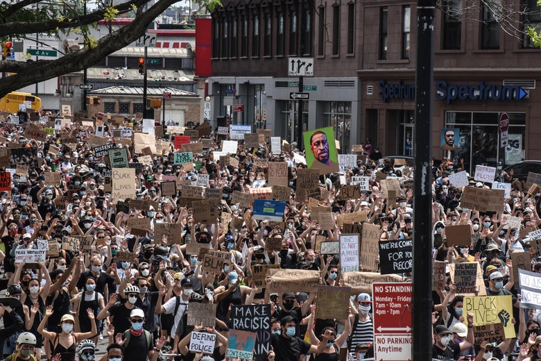 Demonstrators march in support of the Black Lives Matter Movement on June 6, 2020 in the Brooklyn borough of New York City.