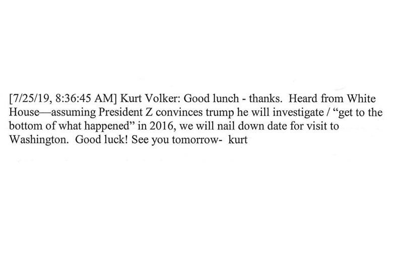 A screenshot of text message exchanges released by congress after Kurt Volker's testimony.