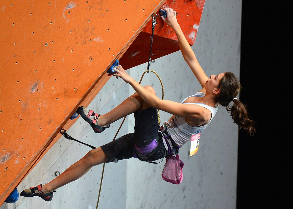 France's Helene Janicot competes during the Lead Women's Final of the indoor World Climbing Championships 2012, on September 15, 2012, at the Palais Omnisports Paris Bercy in Paris. 
