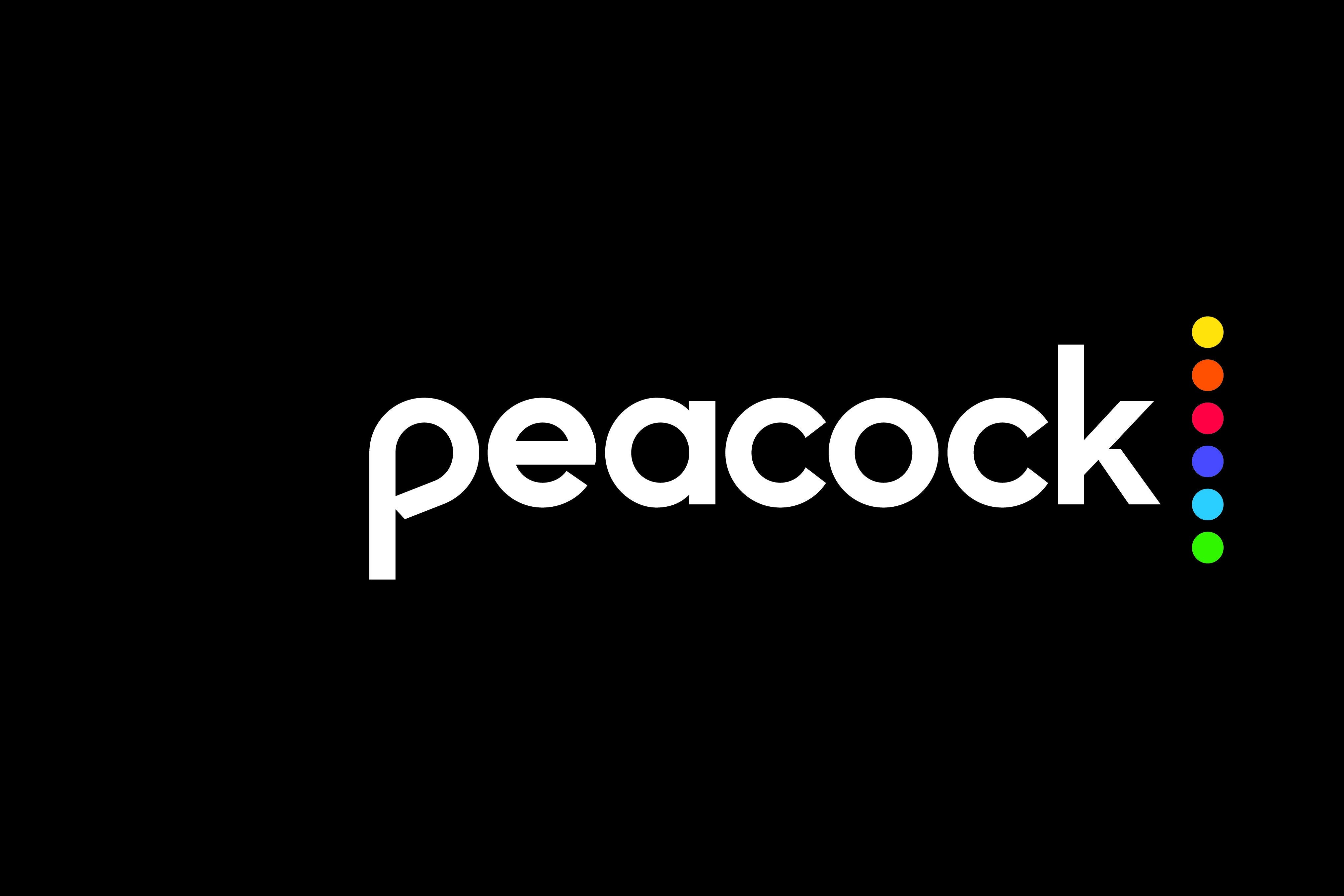 The word Peacock with a rainbow-colored series of dots to the word's immediate right.