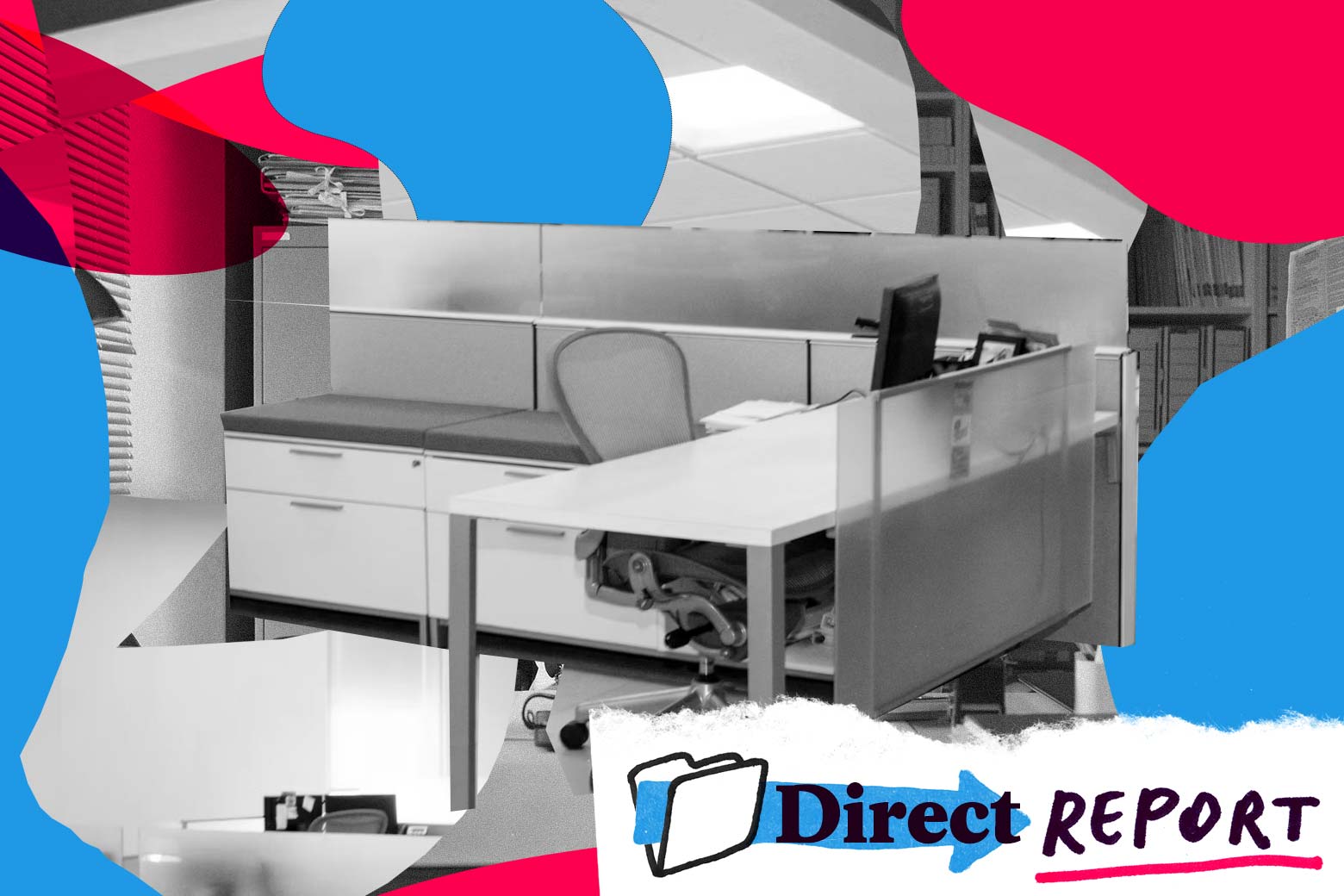 Collage of black-and-white photos of workplace cubicles, with the Direct Report logo in the bottom right corner.