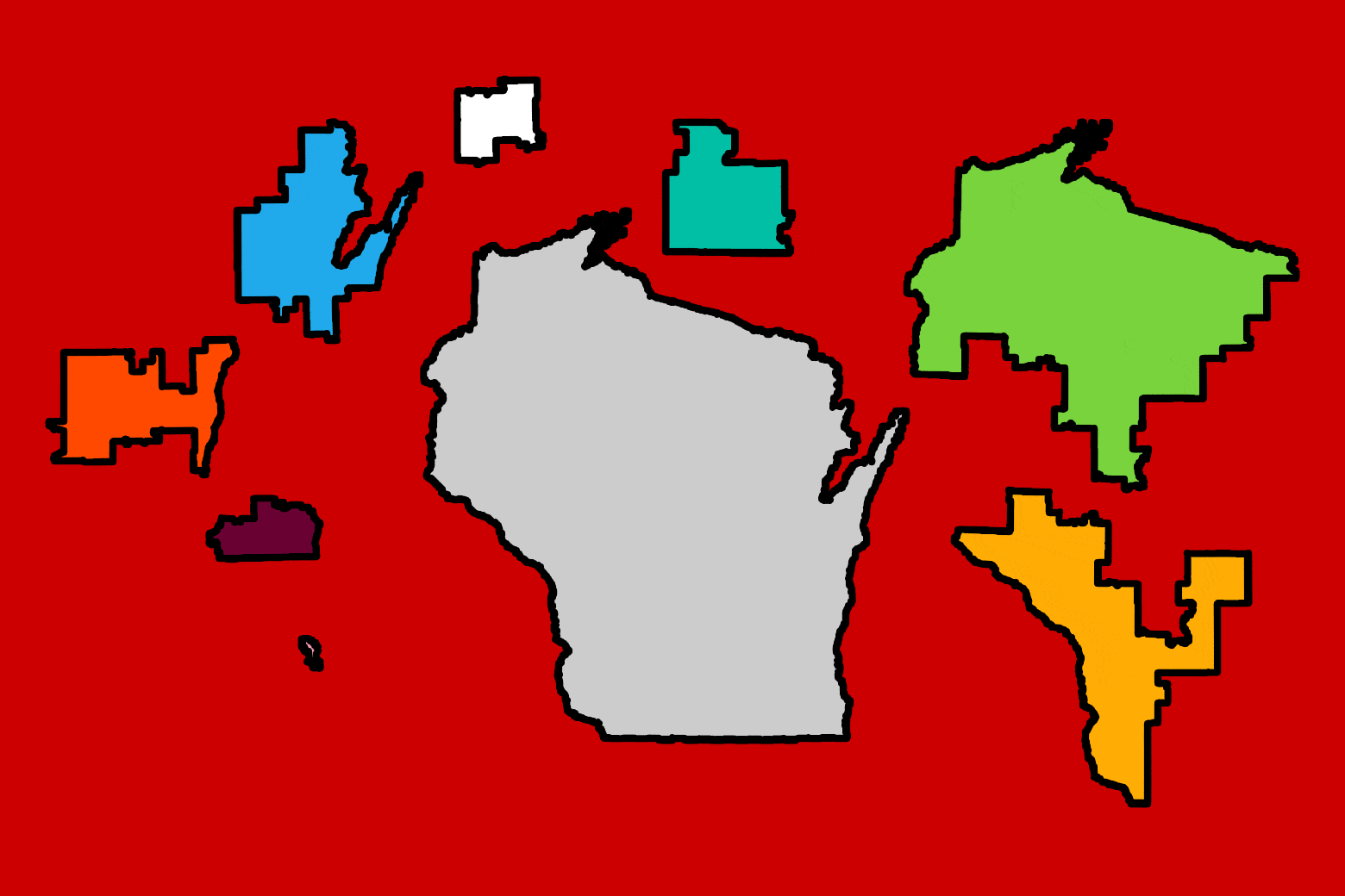 Drawn Wisconsin districts are scattered around an outline of the state, with one being dragged within the state's borders like a puzzle piece.