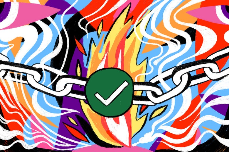 Illustration of a green checkmark chained and surrounded by fantastical elements.