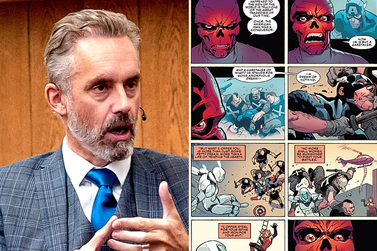 A split screen showing Jordan Peterson on the left, wearing a gray plaid suit and blue tie, and a page from Captain America on the right featuring the Red Skull, a Nazi supervillain.