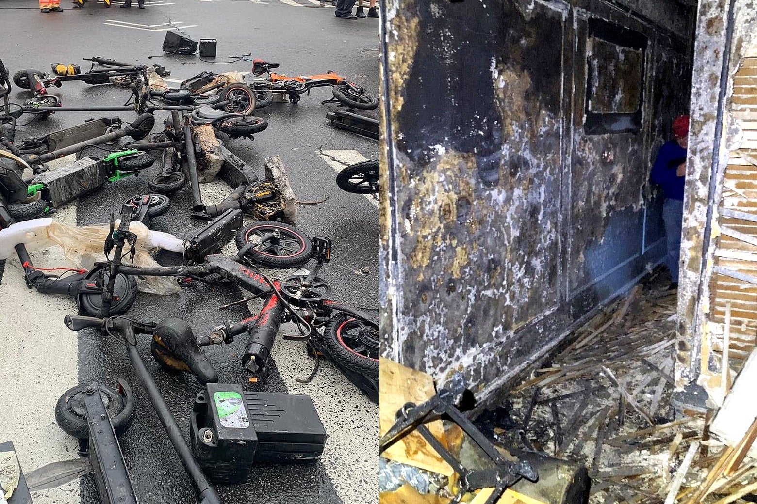 Two scenes of exploded-battery aftermath: scorched scooters, and a burned-out apartment exterior.