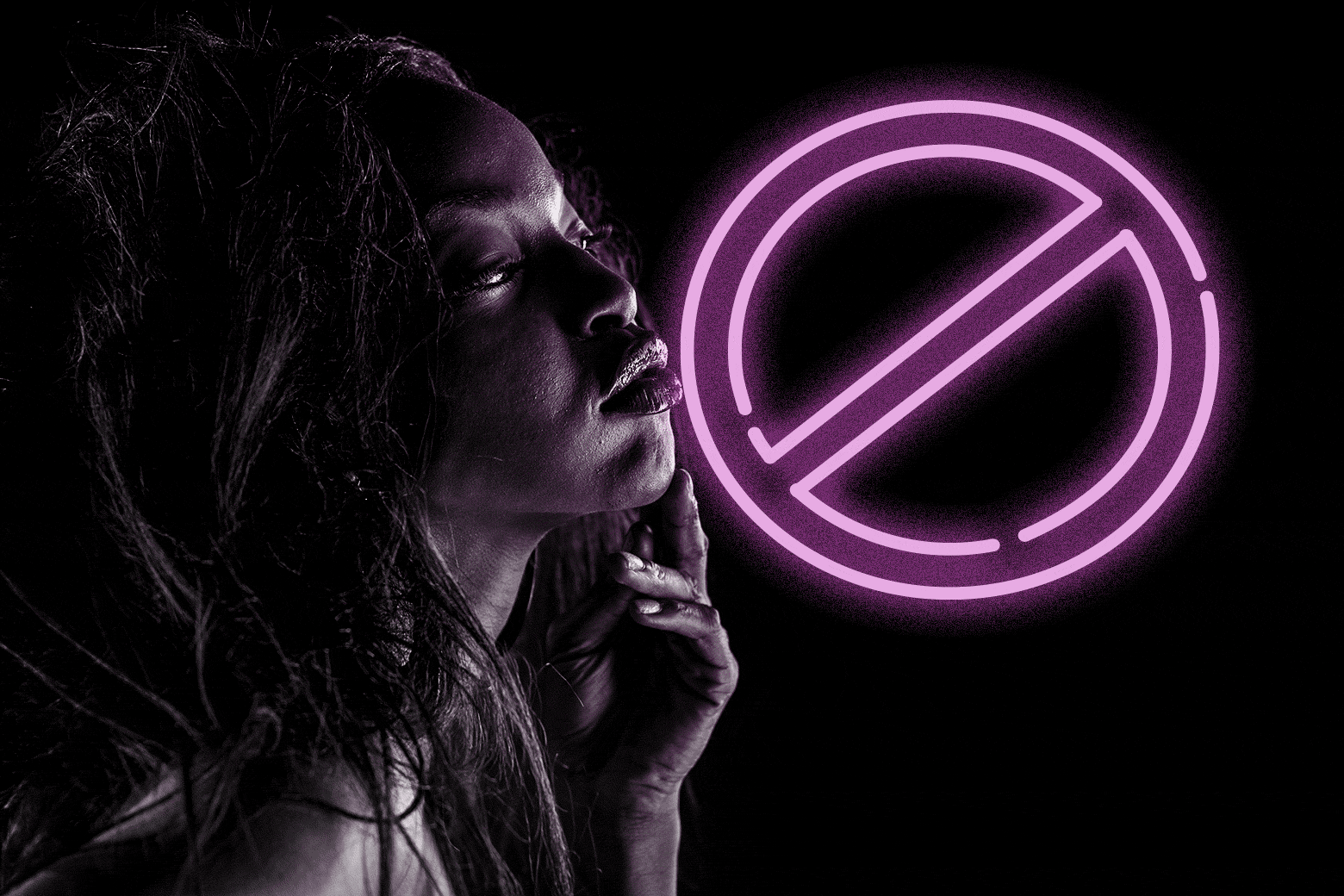 A woman holds her hand under her chin as if in thought. A do not enter sign flashes in neon behind her.