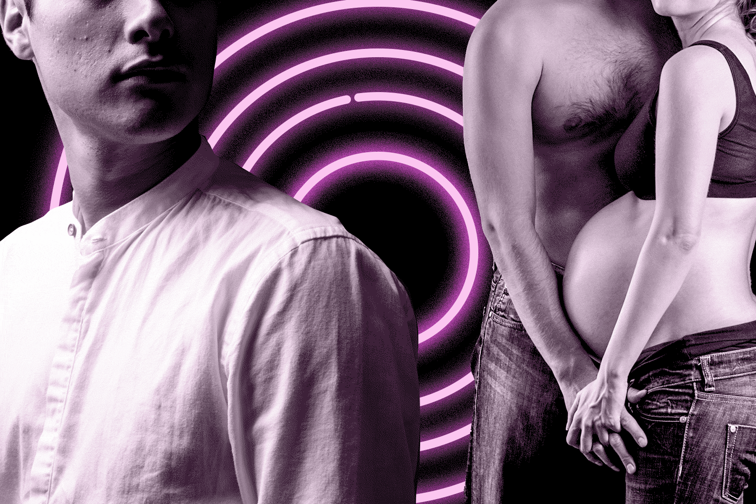 Collage of a man looking wistfully back at a pregnant couple in front of a neon circle.