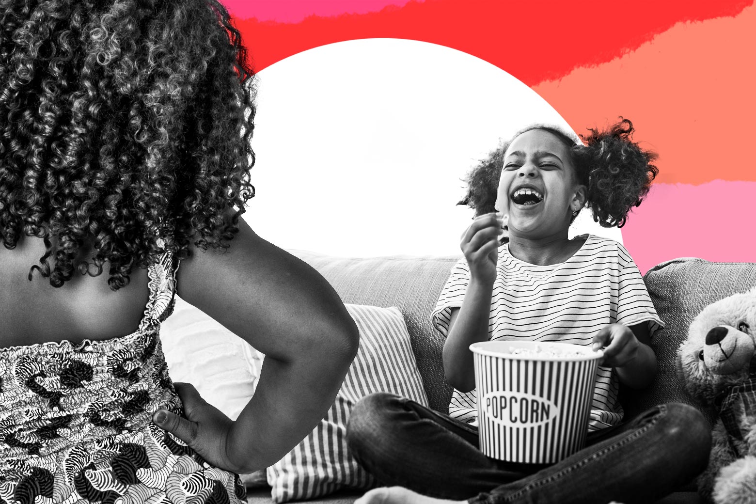 Photo illustration of a girl laughing while eating popcorn on the couch while an older girl looks on disapprovingly.