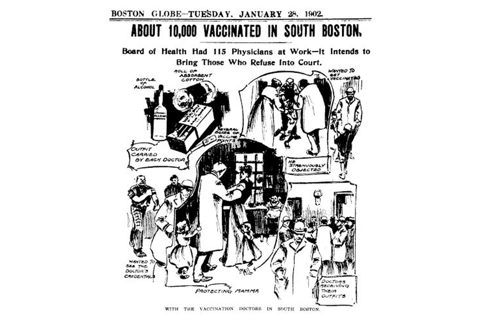 Newspaper illustration of doctors from the board of health going door to door to vaccinate people. The headline warns that those who refuse will be brought to court.