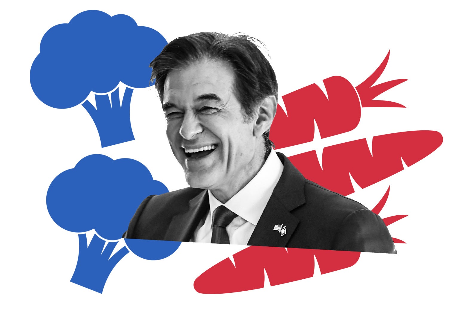 Dr. Oz is seen against a backdrop of two blue broccoli pieces and three red carrots.