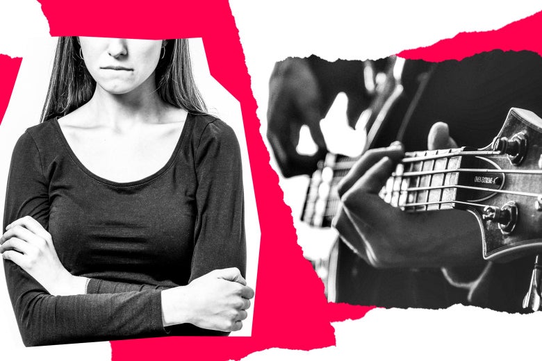 A woman crossing her arms, a guitar being played