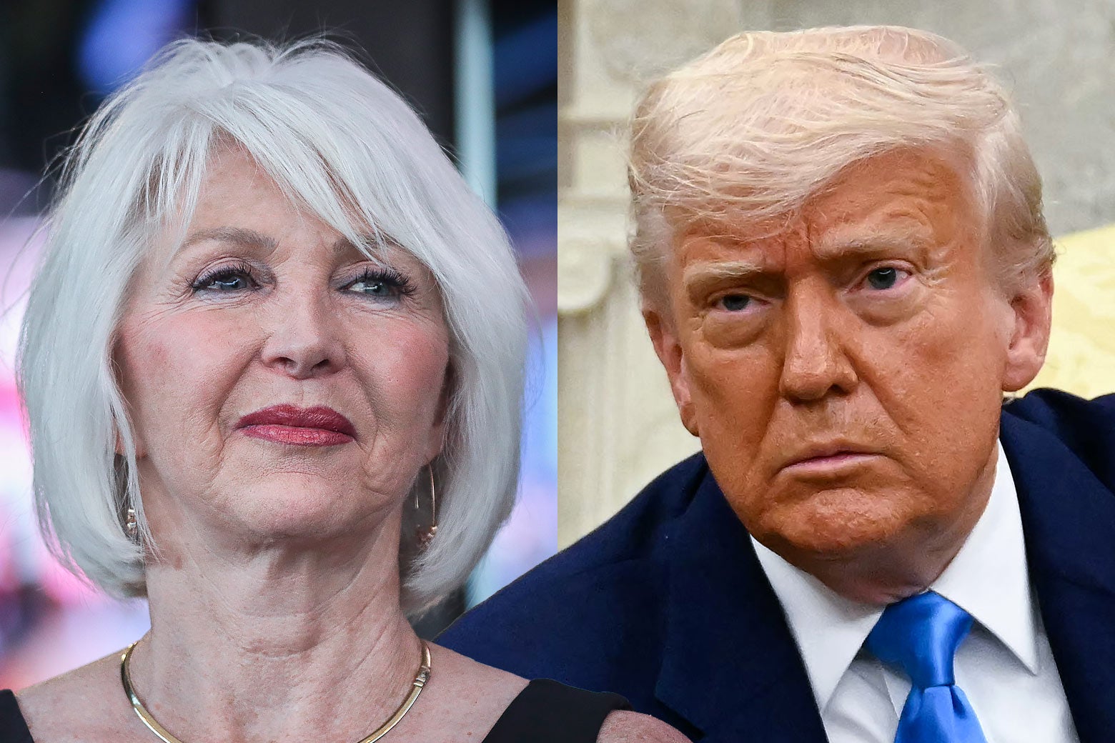 A white-haired Tina Peters and Donald Trump with sinister looks on their faces.