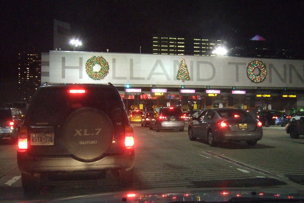 The Christmas decorations over the entrance to the Holland Tunnel in Jersey City, New Jersey.