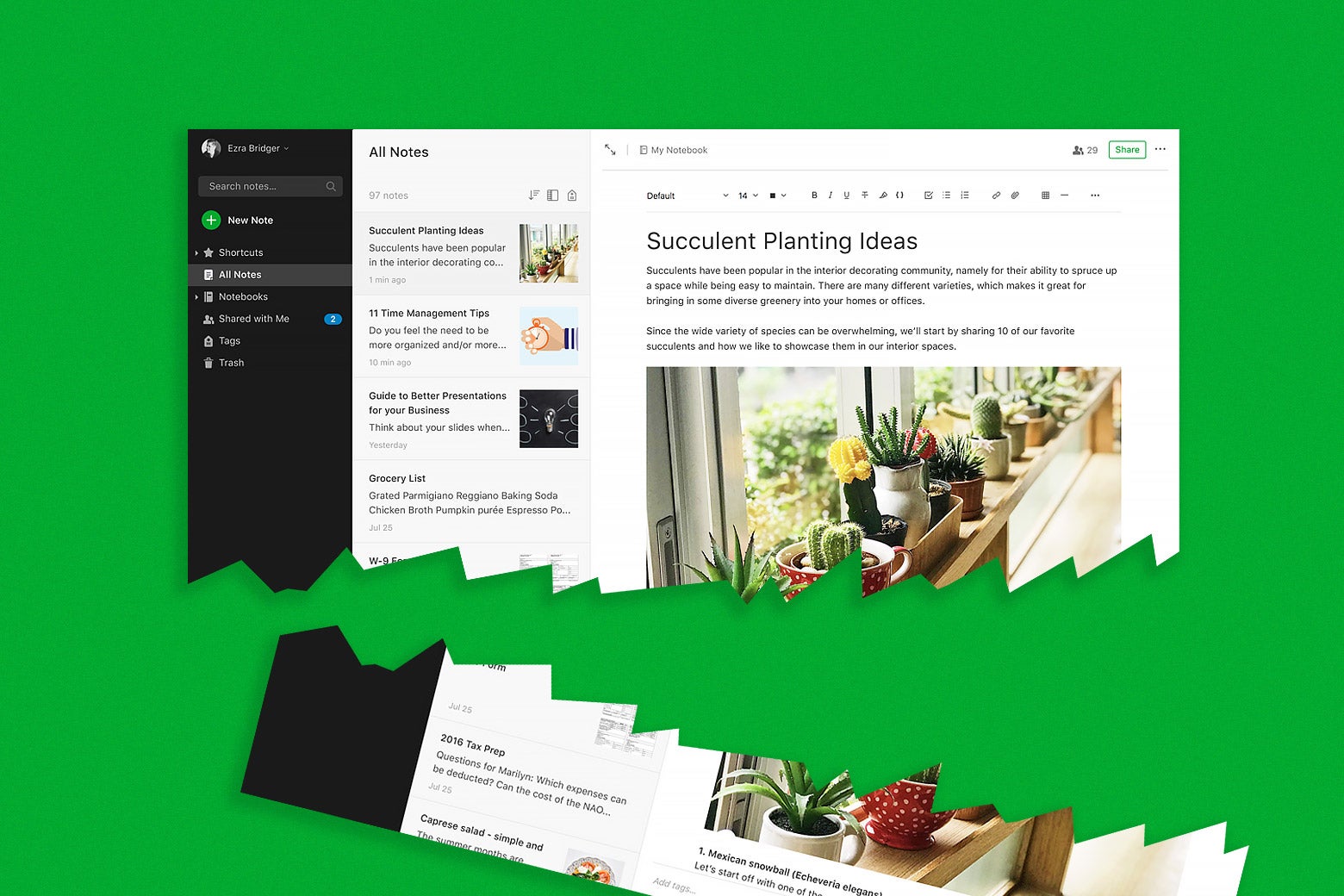 An Evernote page ripped in half.