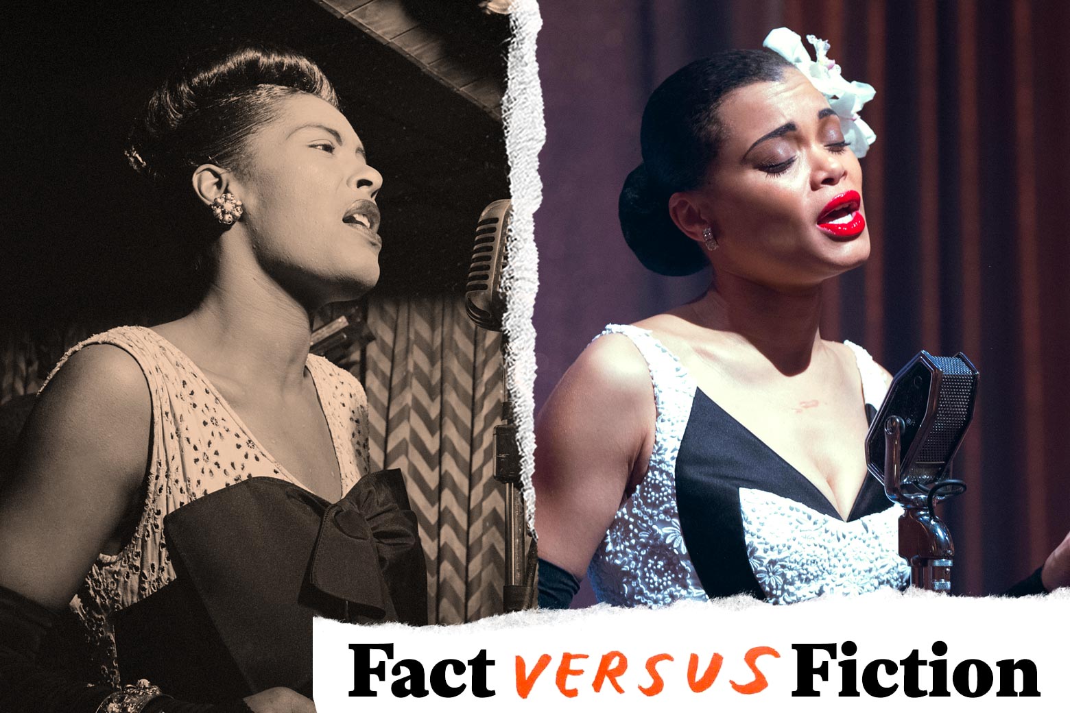 Billie Holiday and Andra Day each singing into a microphone.