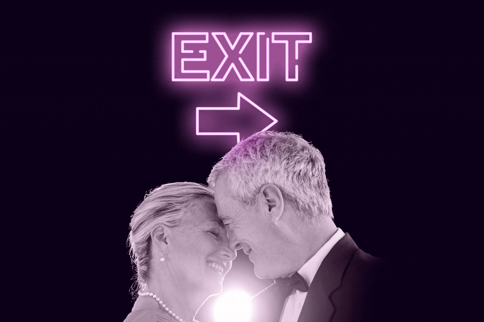 A straight couple kisses next to a neon exit sign.