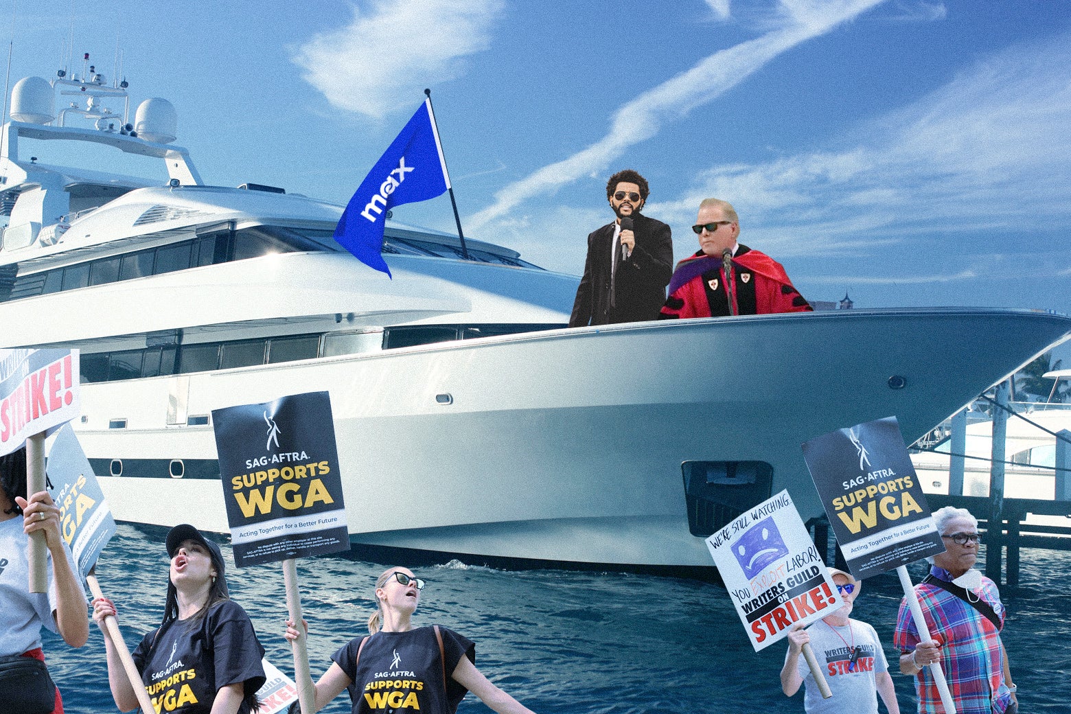 David Zaslav on a big yacht, next to the singer the Weeknd, being picketed by a bunch of striking writers. (It's a made up photo illustration.)
