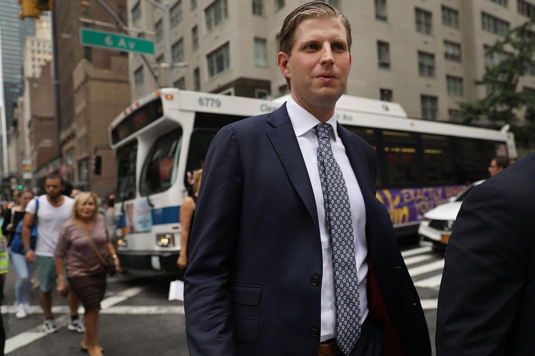 Eric Trump, son of President Donald Trump, walks outside of Trump Tower on August 15, 2017 in New York City. Security throughout the area is high as President Trump arrived at his residence in the tower last night, his first visit back to his apartment since his inauguration.
