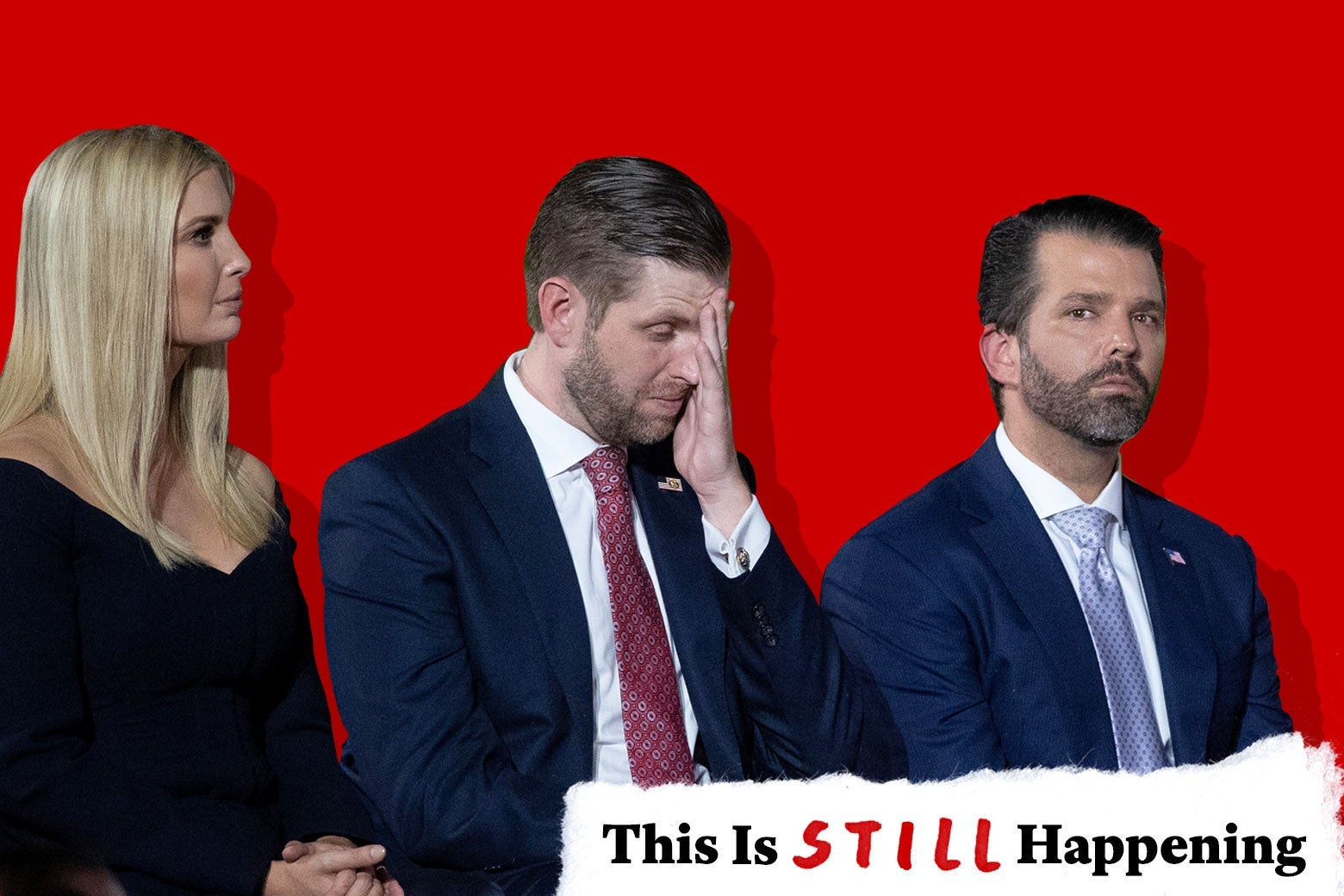Ivanka Trump, Eric Trump with his hand to his face, and Donald Trump Jr.