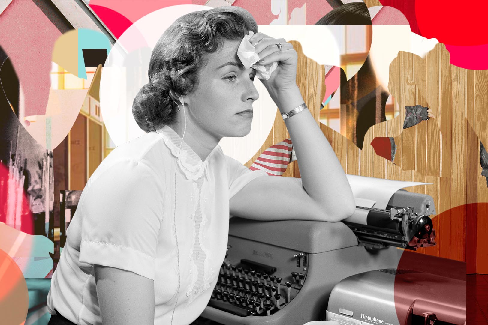 Exasperated female office worker sitting at typewriter.