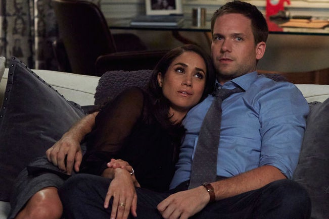 Meghan Markle and Patrick J. Adams as Rachel and Mike in Suits.